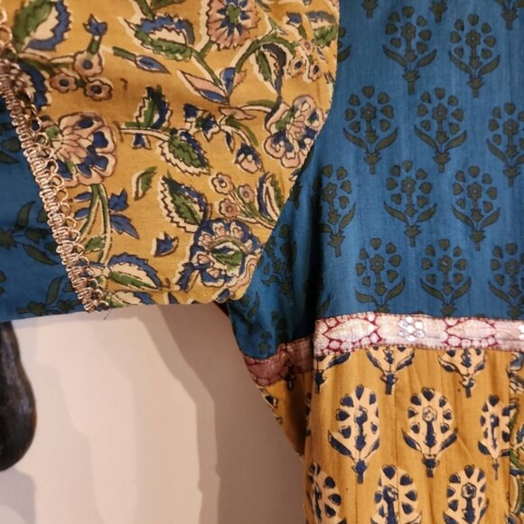 Vintage J Peterman Co. Long Sleeve Maxi Dress Embroidered Blue Gold 12 - Picture 5 of 15